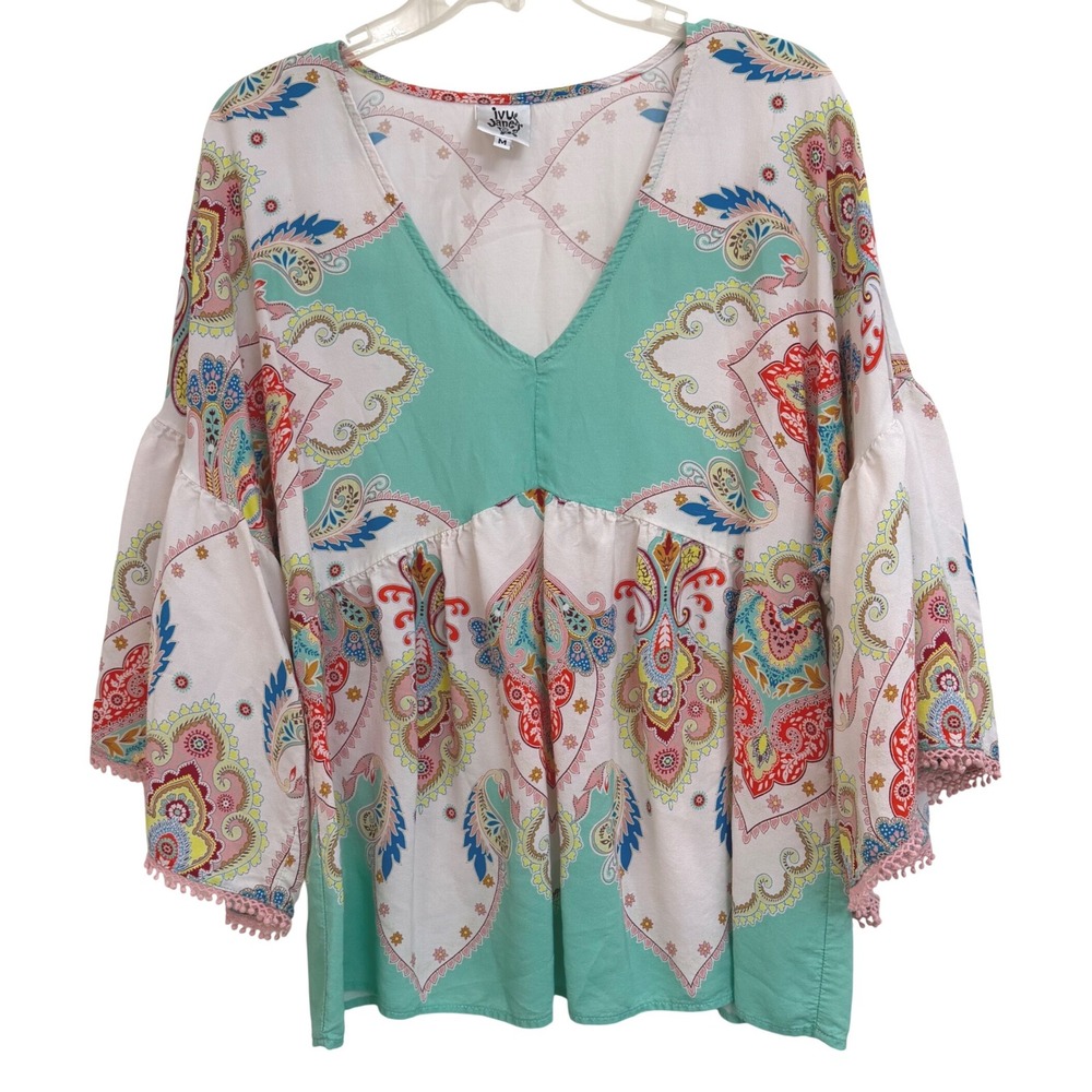 Ivy Jane Boho Paisley Babydoll Top Mint Green Flare Sleeves Pom Pom Trim M
